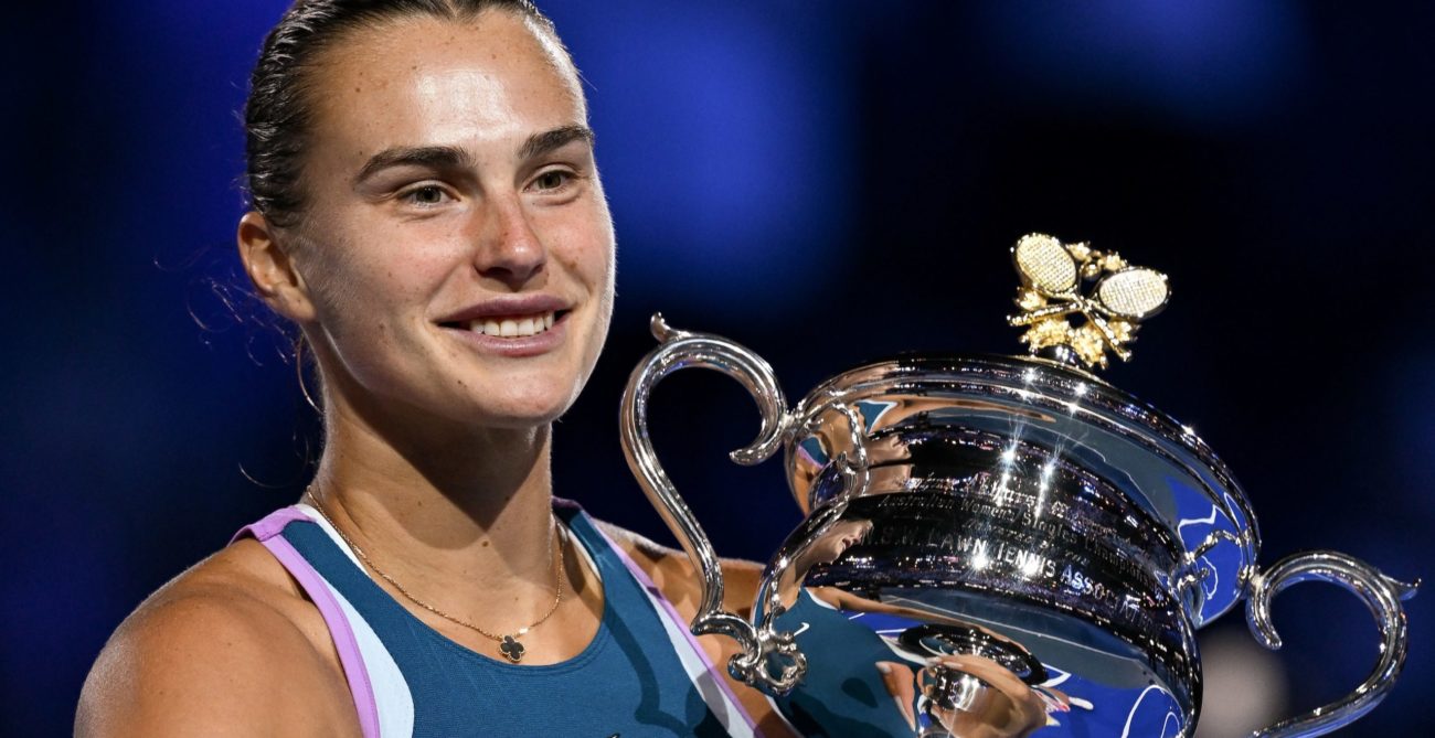 Aryna Sabalenka holds the Australian Open trophy.