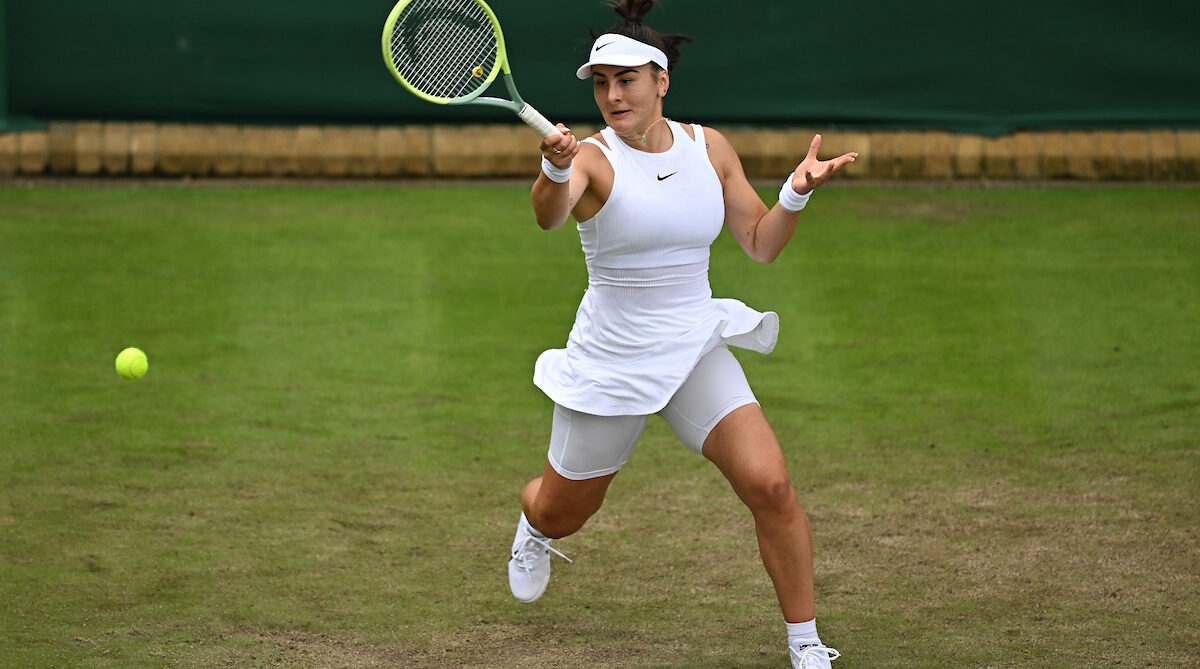 Bianca Andreescu gets low for a forehand in the second round of Wimbledon 2024