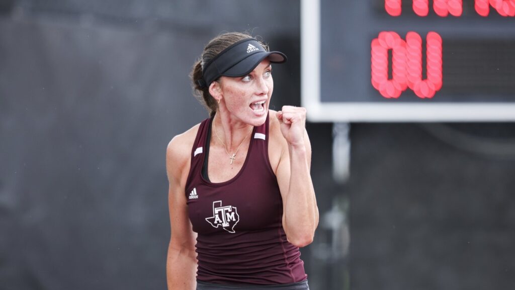 Carson Branstine pumps her fist during Texas A&M's NCAA championship run.