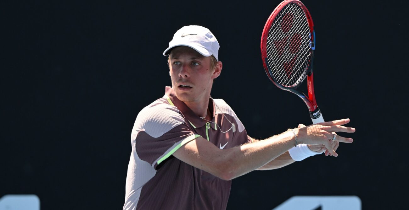 Denis Shapovalov winds up to hit a forehand. He lost in Indian Wells to Lorenzo Musetti on Saturday.