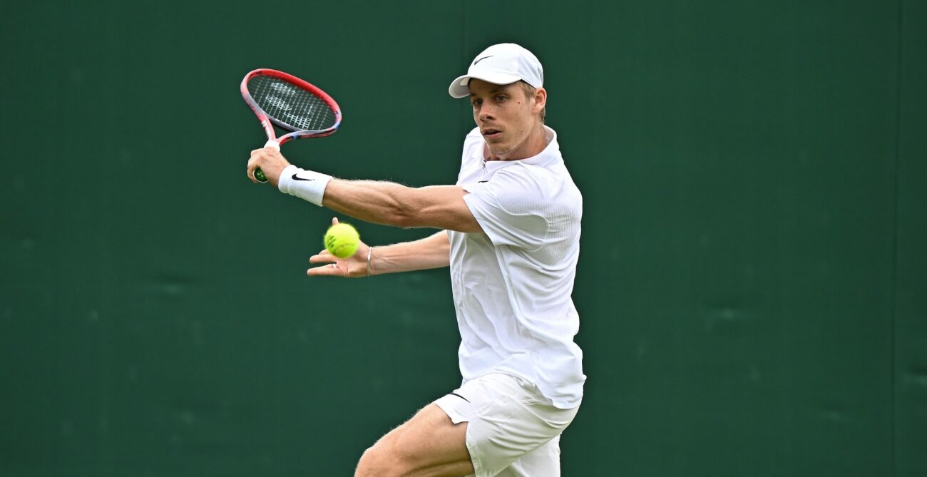 Denis Shapovalov slices a backhand. He lost to Ben Shelton on Saturday at Wimbledon.