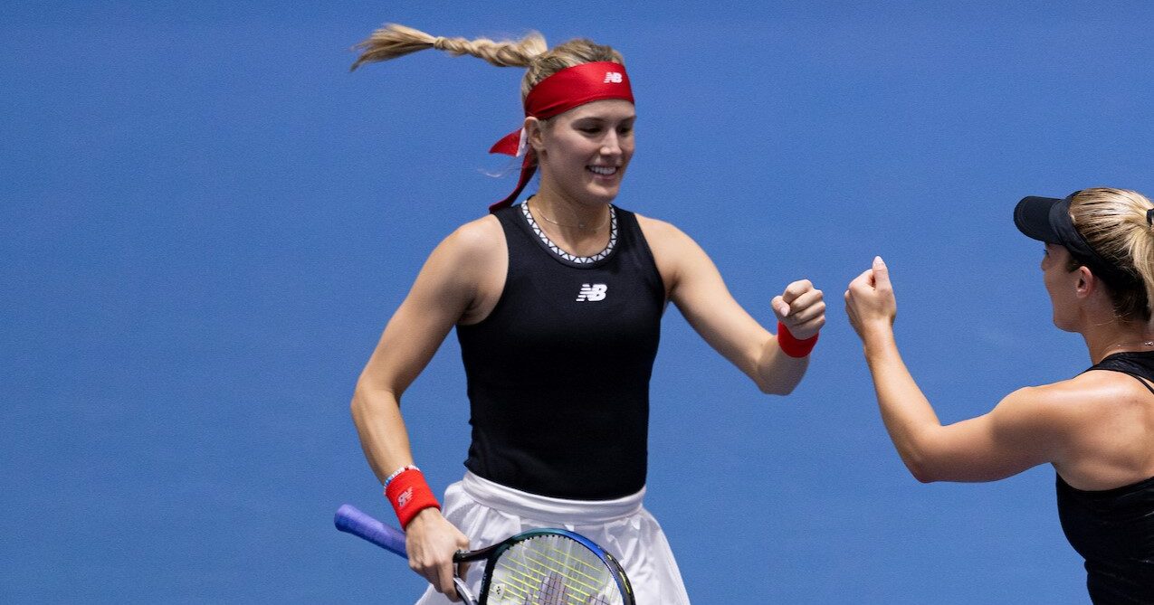 Eugenie Bouchard fist-bumps Gabriela Dabrowski. Bouchard competed at an ITF event this week.