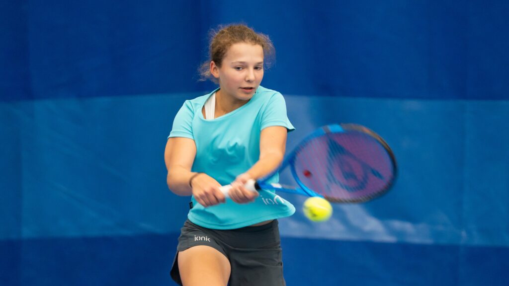 Eve Thibault hits a backhand at the junior U15 camp in Halifax.