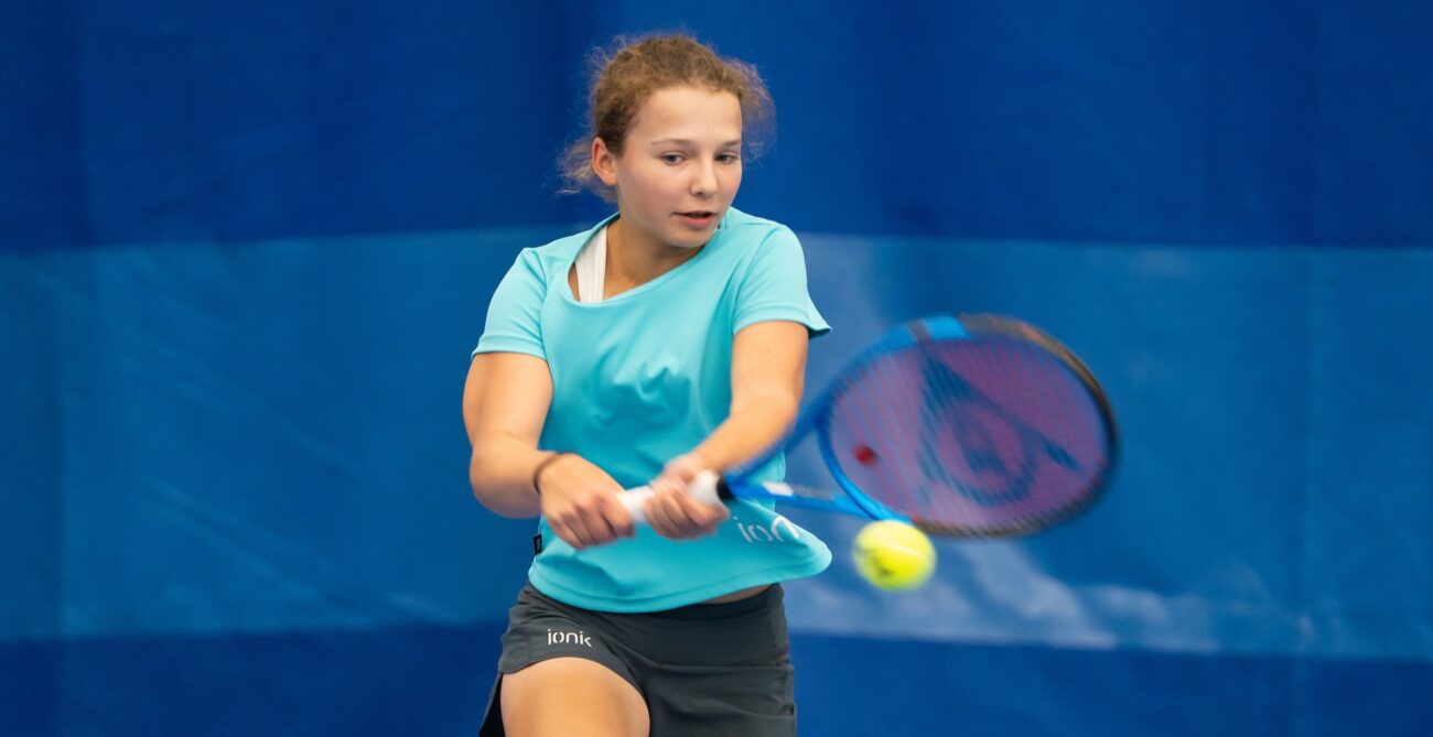 Eve Thibault hits a backhand at the junior U15 camp in Halifax.