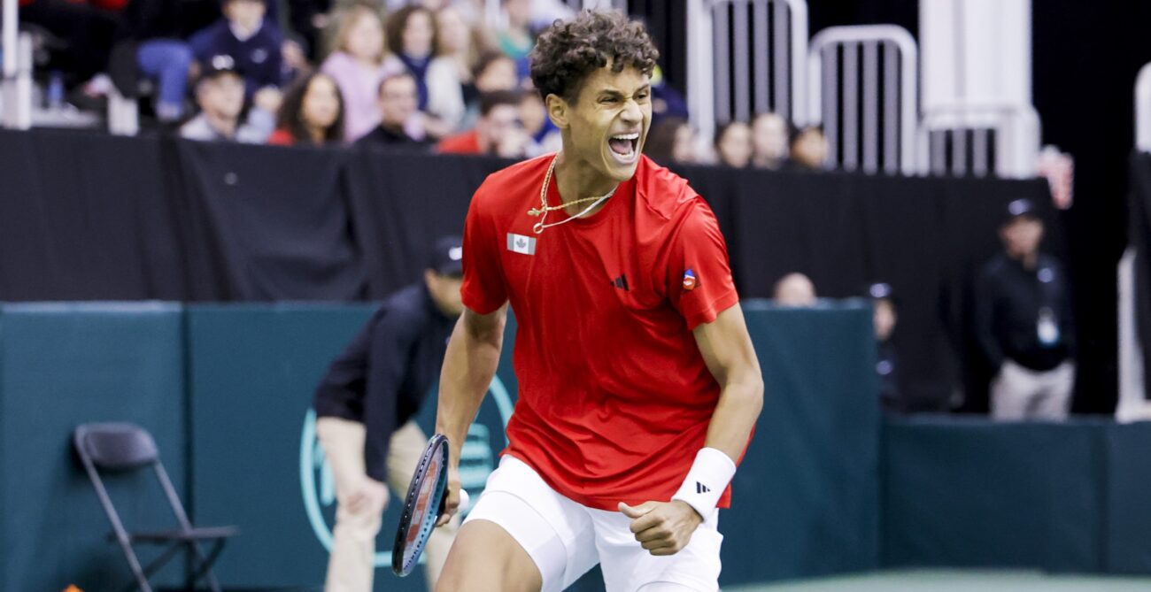 Gabriel Diallo screams in celebration during his match for Canada against Korea on Friday at the Davis Cup.