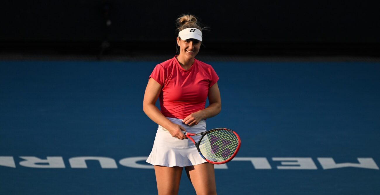 Gabriela Dabrowski smiles on court at the Australian Open.