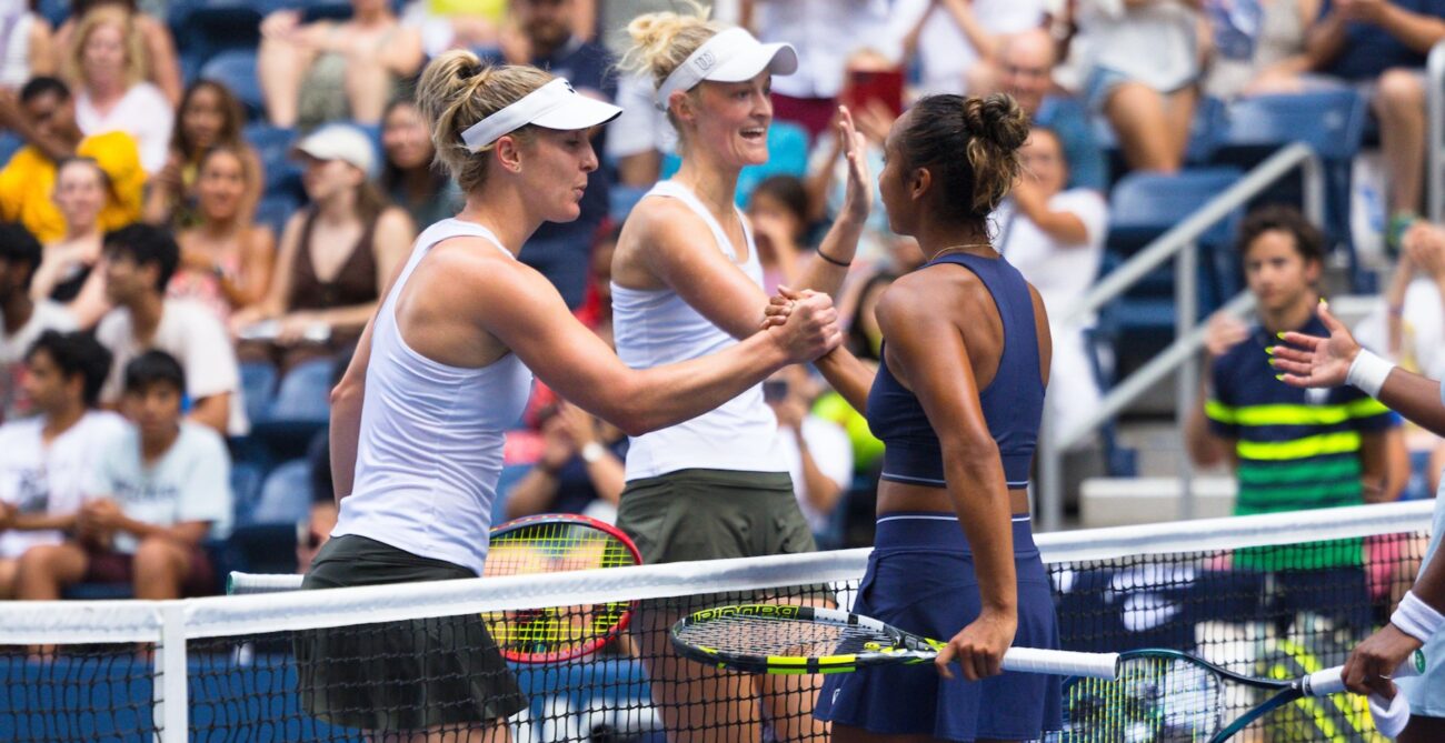 Gabriela Dabrowski (left) and Leylah Annie Fernandez (right) shake hands at the net. They will meet in the first round of doubles at the US Open.