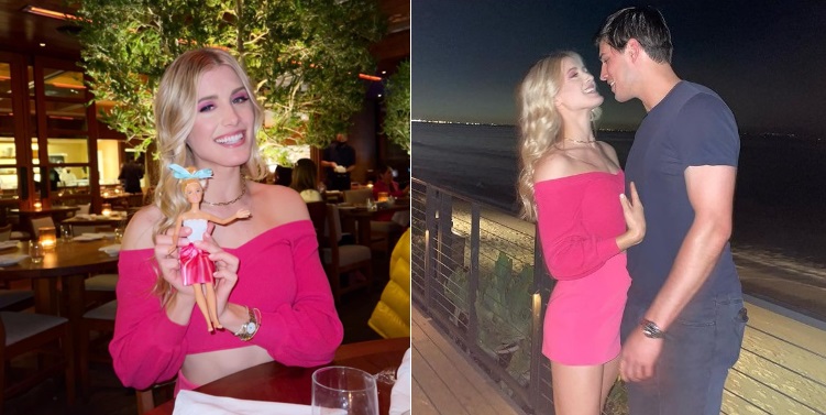 Montage of Genie bouchard with a Barbie doll to the right and her boyfriend to the left