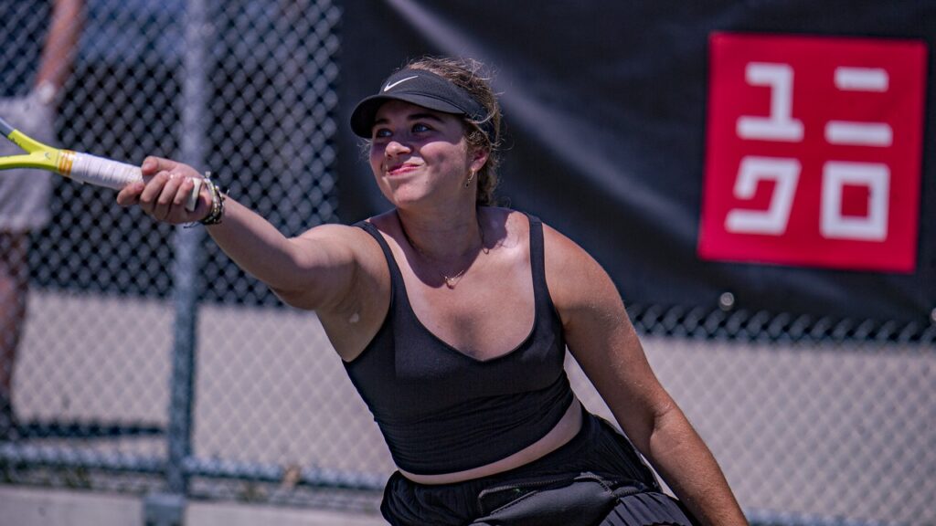 Wheelchair Tennis player Frederique Berube Perron hits a forehand.