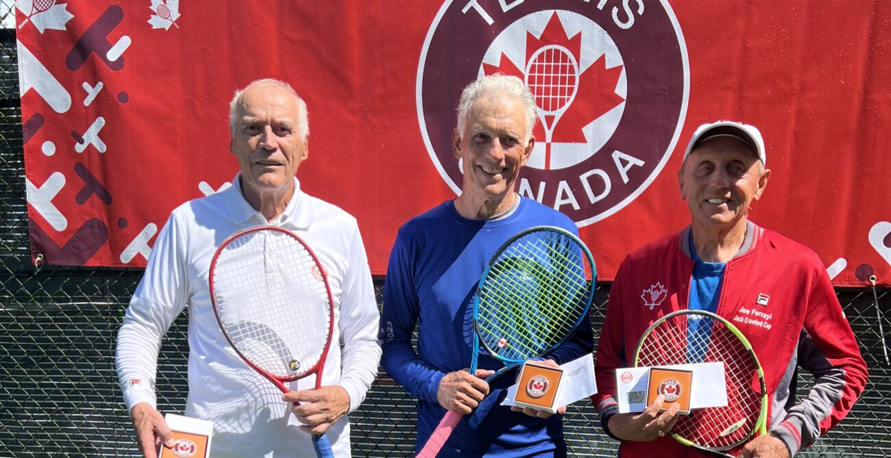 Three men hold their rackets and prizes in front of the Tennis Canada logo.