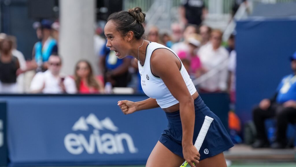 Leylah Fernandez pumps her fist and yells. She reached the doubles final in Cincinnati but lost in singles to Jessica Peglua.