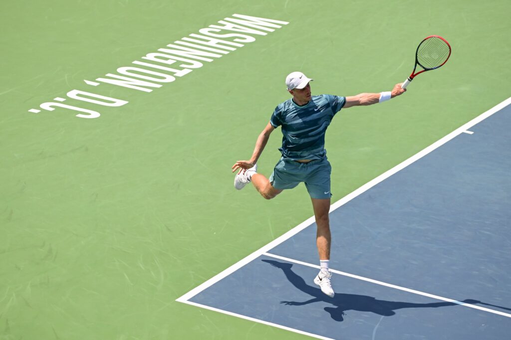 Denis Shapovalov hits backhand at 2024 Citi Open