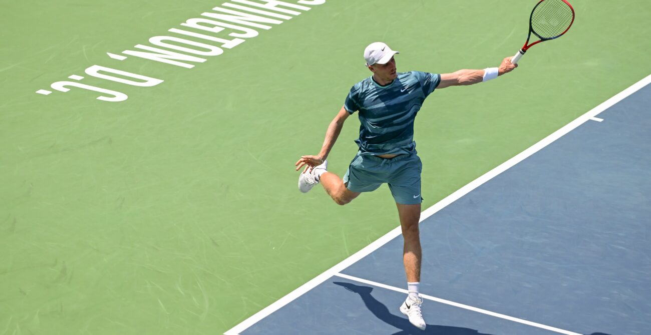 Denis Shapovalov hits backhand at 2024 Citi Open