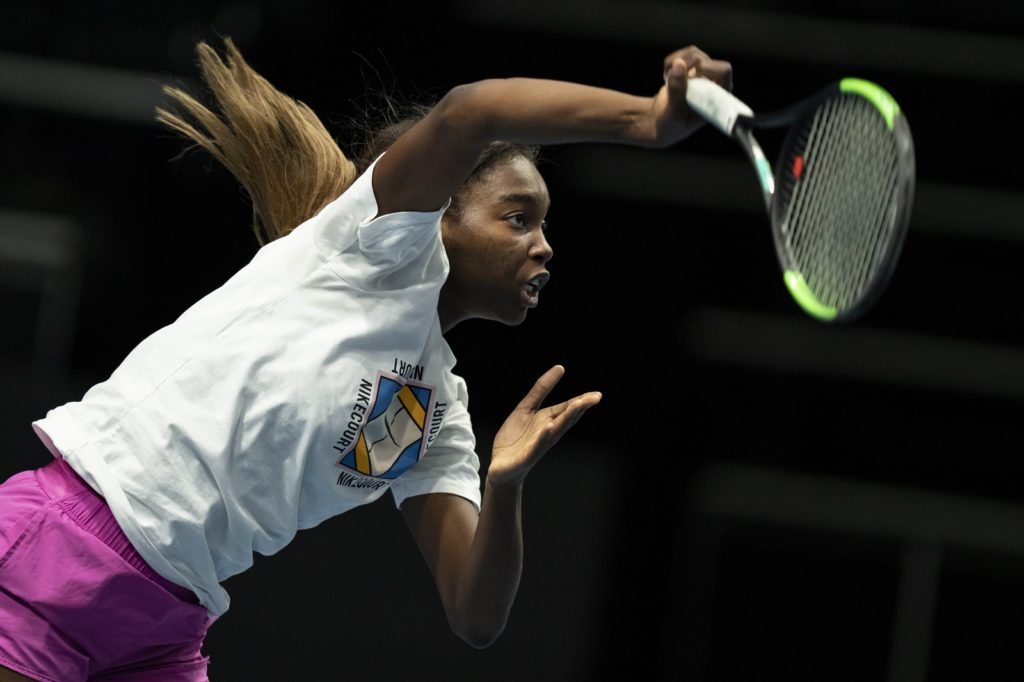 Francoise Abanda hits a serve in practice in Prague at the Billie Jean King Cup Finals