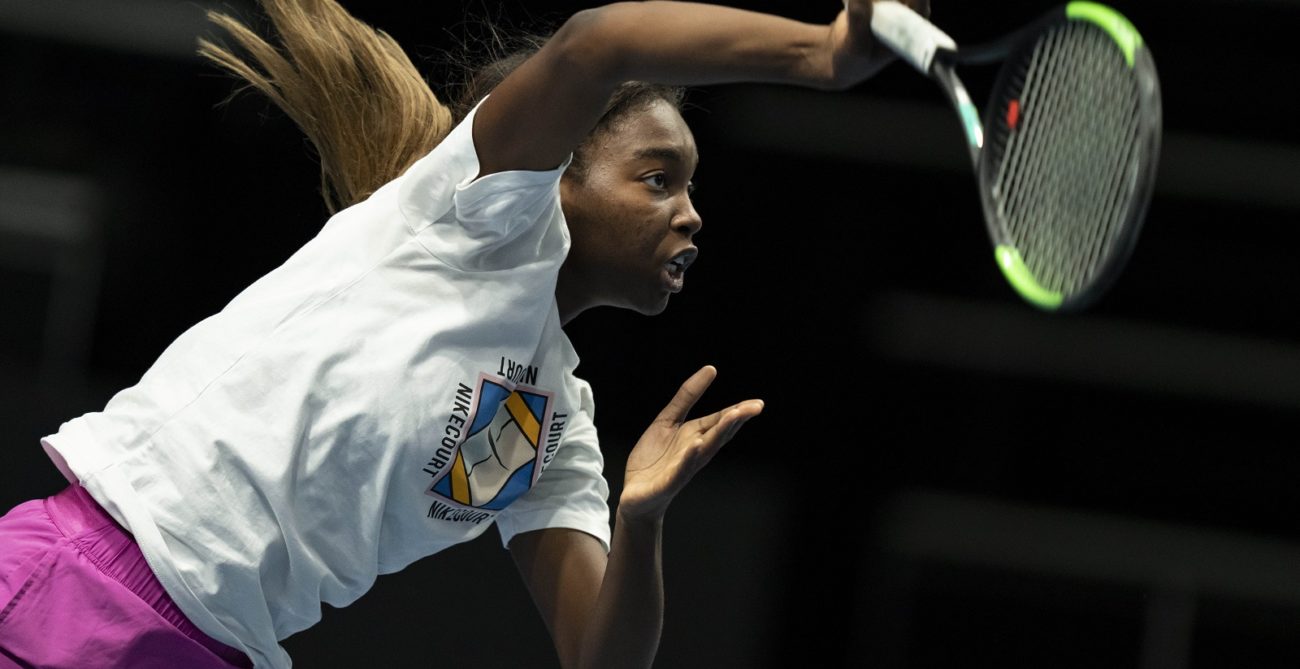 Francoise Abanda hits a serve in practice in Prague at the Billie Jean King Cup Finals