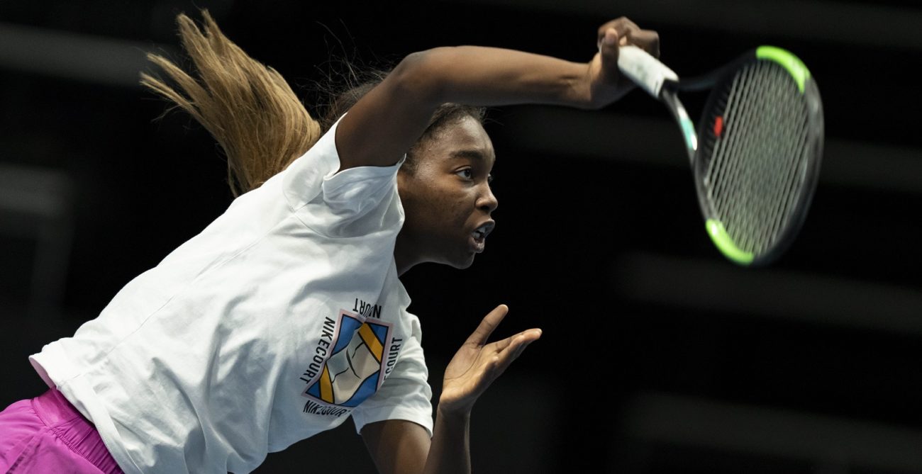 Francoise Abanda hits a serve in practice in Prague at the Billie Jean King Cup Finals