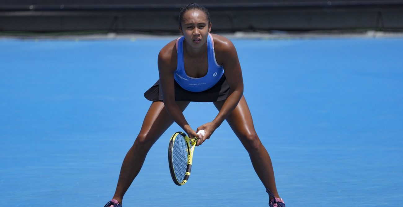 Leylah Annie Fernandez prepares to return a serve at the 2022 Australian Open