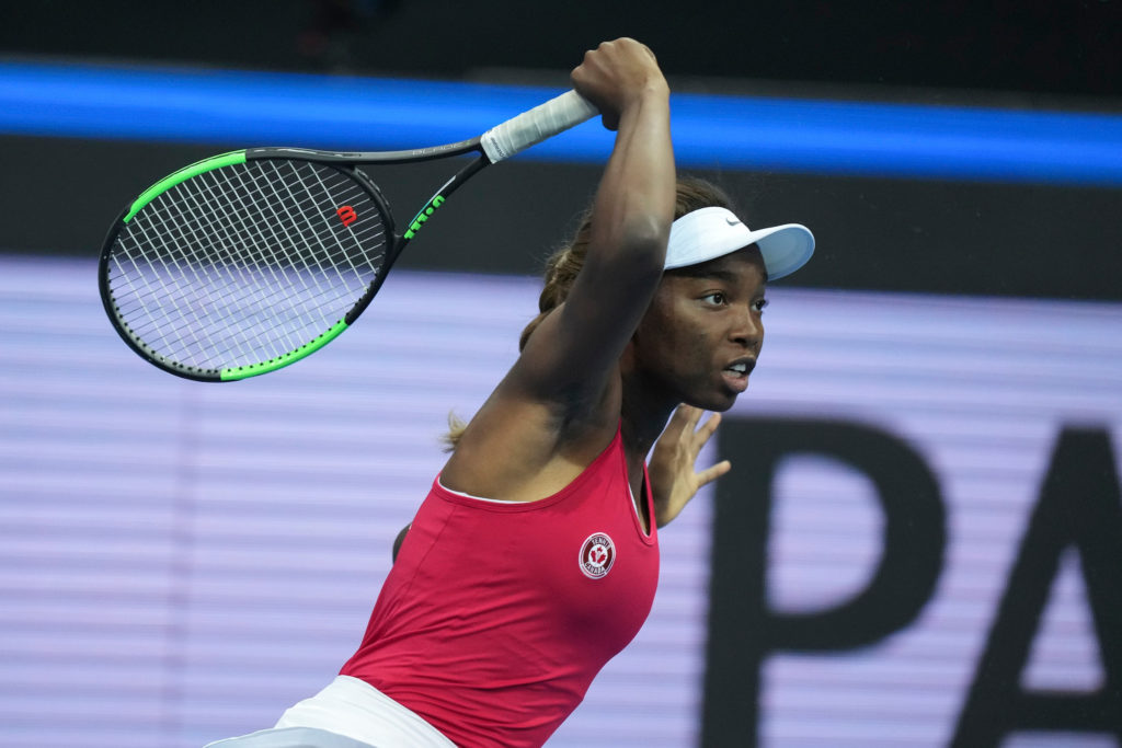 Francoise Abanda hits a forehand