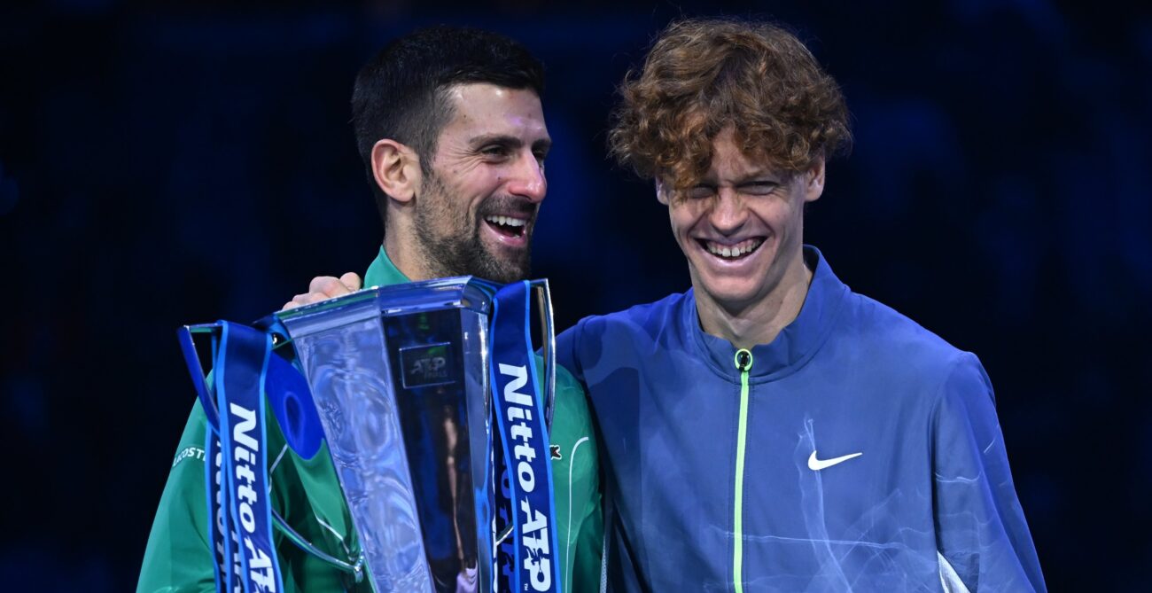 Novak Djokovic and Janner Sinner put their arms around each other after the final of hte ATP Finals, as discussed this week on Match Point Canada.