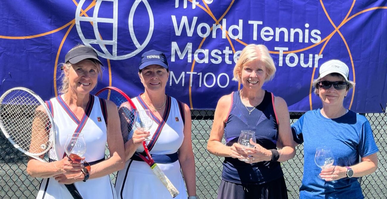 Four Canadians pose with their trophies at the ITF Masters event in Ottawa.