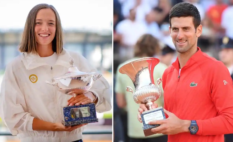 Montage of Swiatek and Djokovic holding the Italian Open trophies