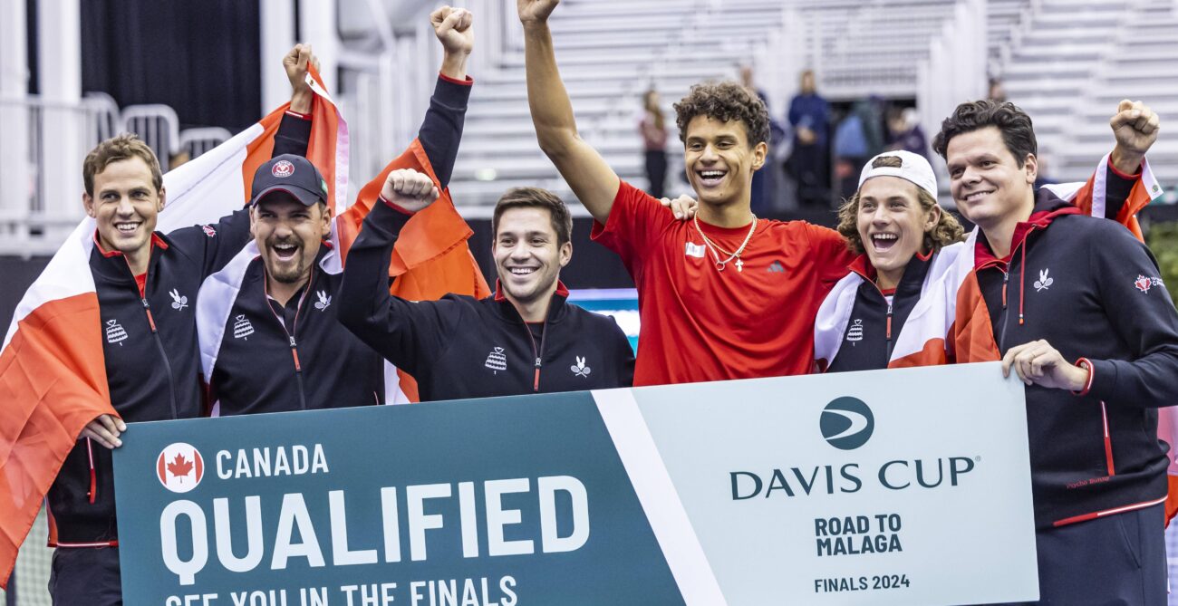 From left to right, Casek Pospisil, Frank Dancevic, Alexis Galarneau, Gabriel Diallo, Liam Draxl, and Milos Raonic celebrate the Davis Cup win for Team Canada in Montreal.