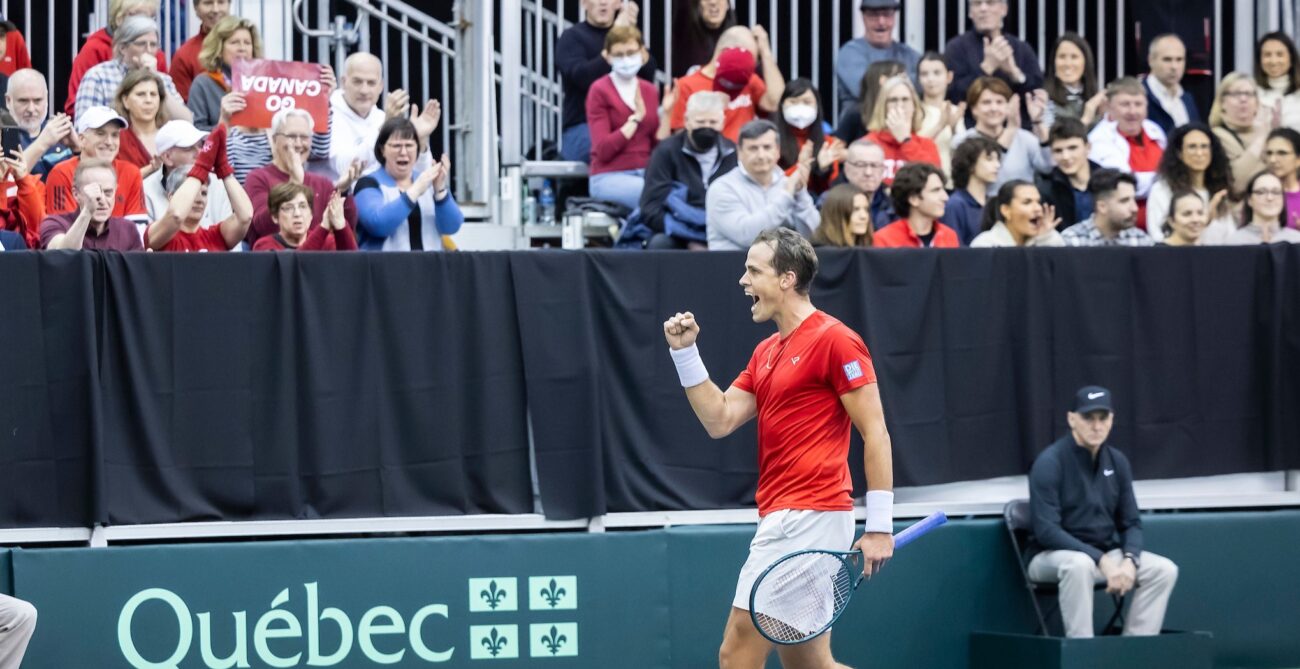 Vasek Pospisil pumps his fist in front of the cheering crowd during the Davis Cup tie between Team Canada and Korea.